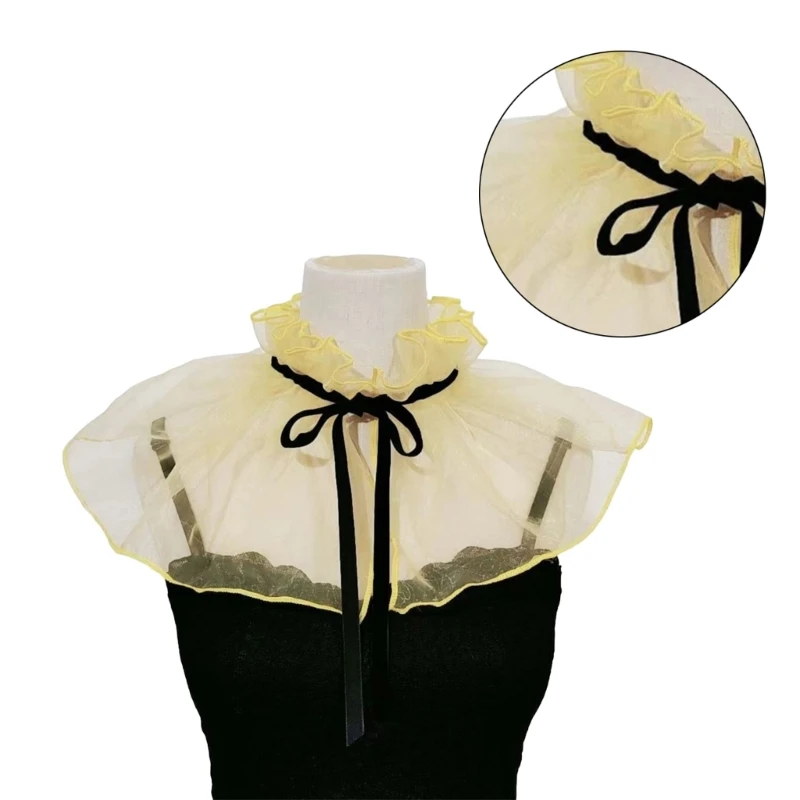 Victorians Renaissances Ruffle False Collar Sheer Mesh Organza Tie Up Shawl Wrap Decorative Capelet for Costume Parties