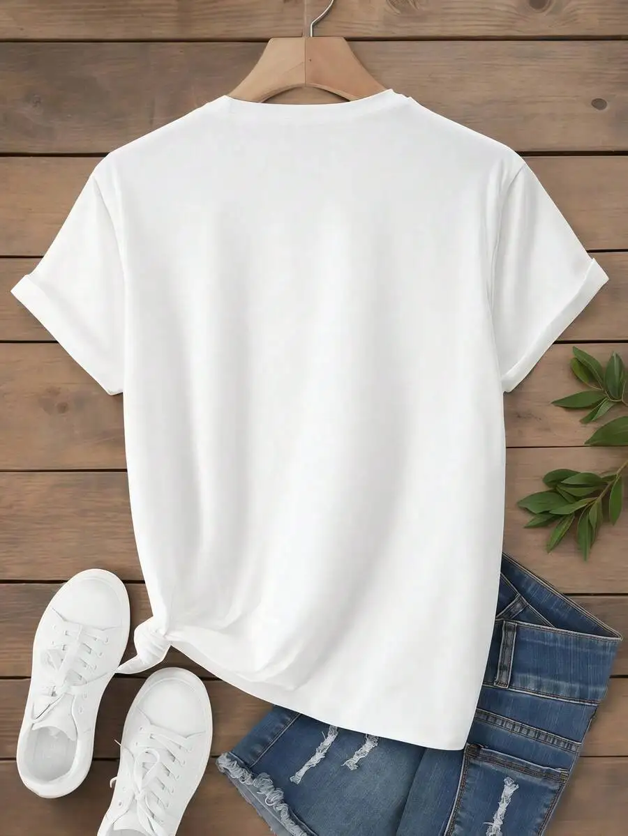 Women White Crew Neck Short Sleeve T‑Shirt Cherry Lips Print Casual Knit Fabric Summer Basic Tee Top 1Pc view 2