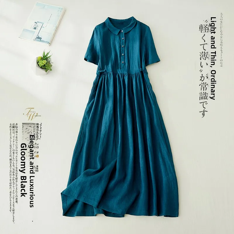 Cotton Linen Shirt Dress Summer Design Sensible Small Series Belt Anti-Aging Large Swing Dress Long Skirt A-Line Silhouette