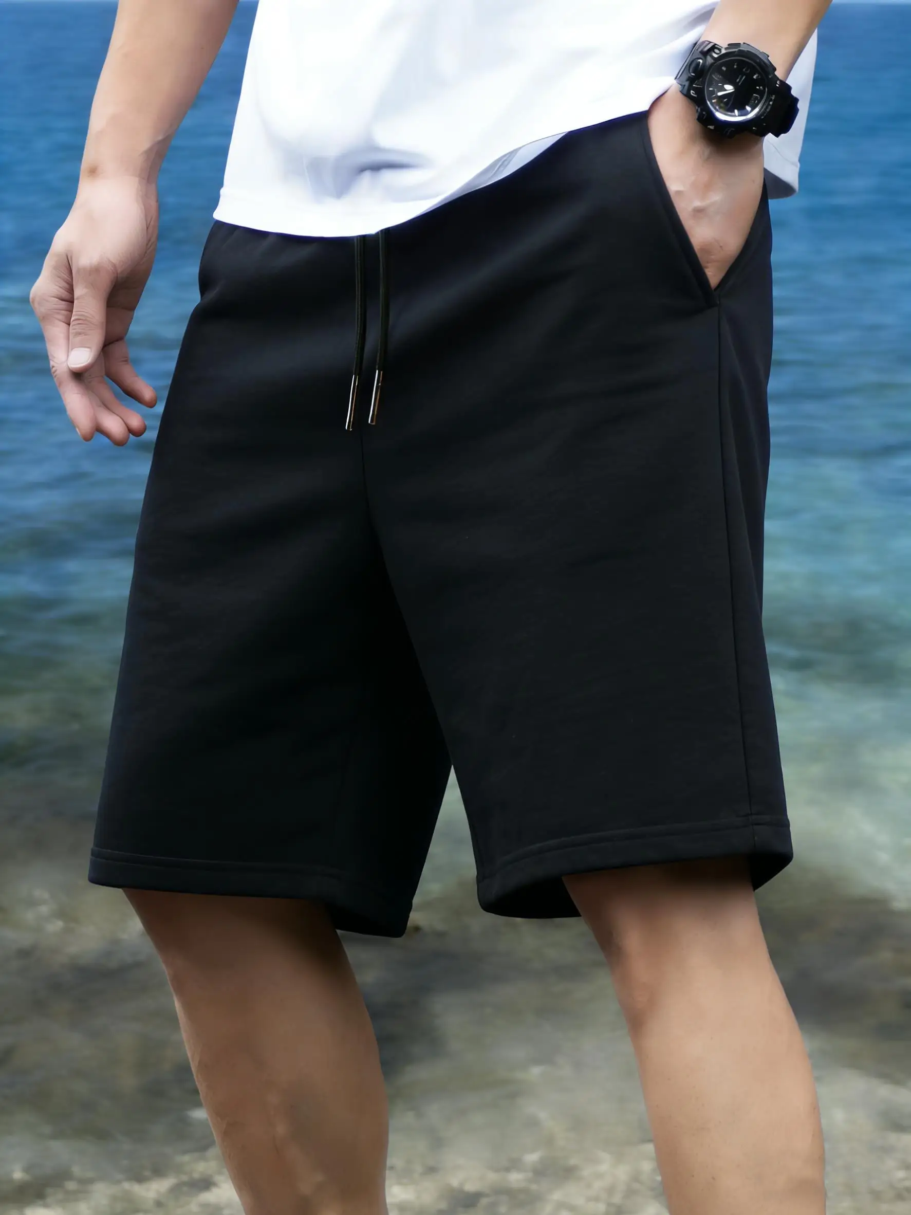 

Summer Solid Color Black Men Joggers Comfortable Elastic Waist Clothing Unisex Vacation Beach Pant Loose Shorts Wide-Leg Pants