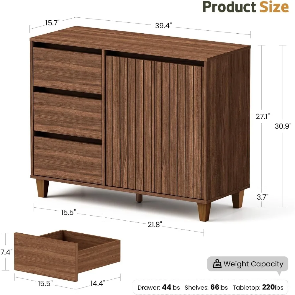 خزانة بوفيه جانبية مع مساحة تخزين - خزانة بار قهوة من خشب الجوز مع 3 أدراج وبابين، خزانة تخزين مخددة للمطبخ،