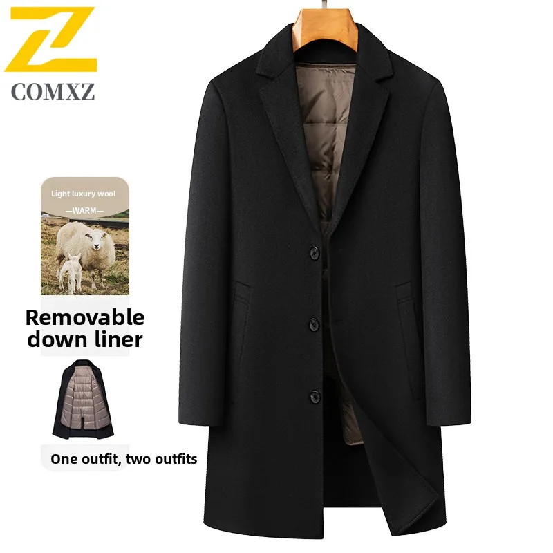 COMXZ Luxury Mens Down Jacket Goose Down Business Casual Warm Puffer Coats Trendy Detachable Inner Layer Lightweight Wool Coat