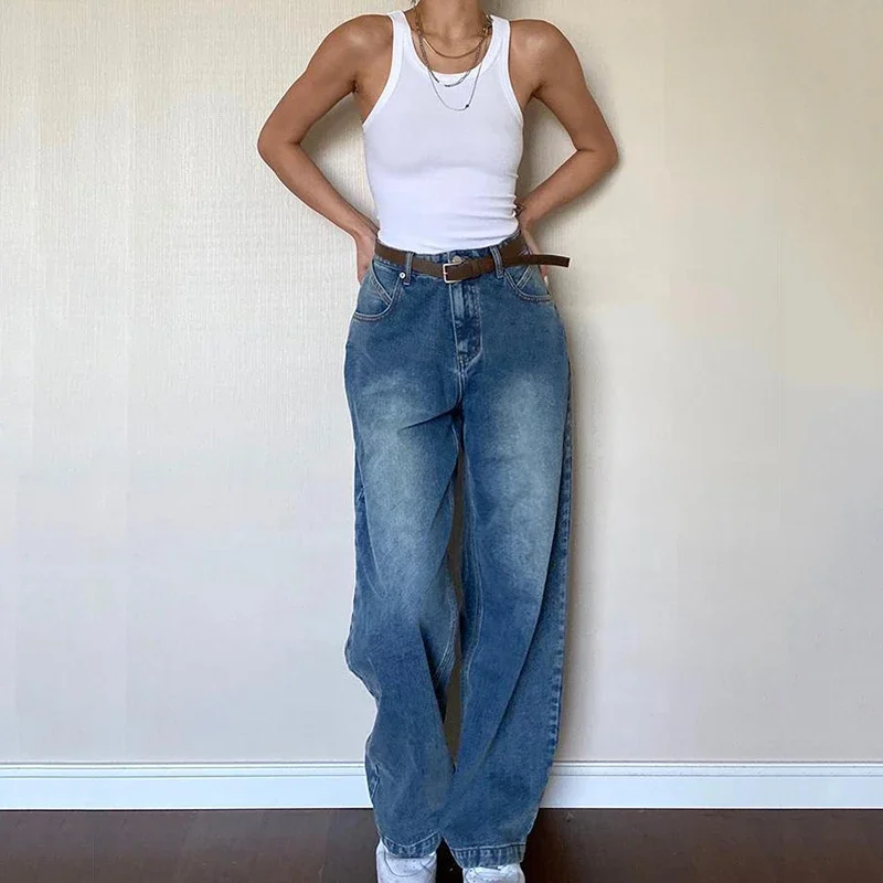 Rimocy 2024 Spring Straight Jeans for Women Dark Blue Loose High Waist Trousers Woman Vintage Wide Leg Denim Pants with Belt