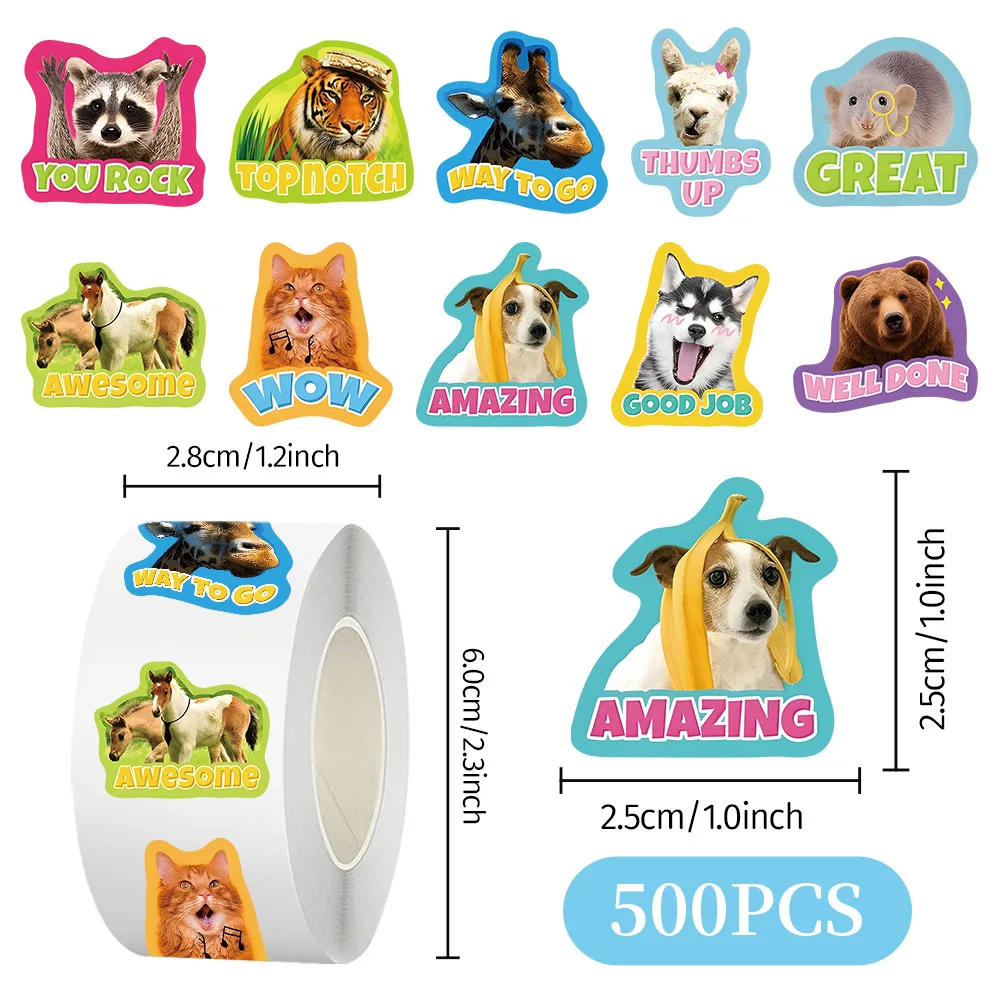 

500pcs/Roll Animal English Rewards Cartoon Sealing Stickers DIY PVC Laptop Decals Decoration Reward Gift Toy
