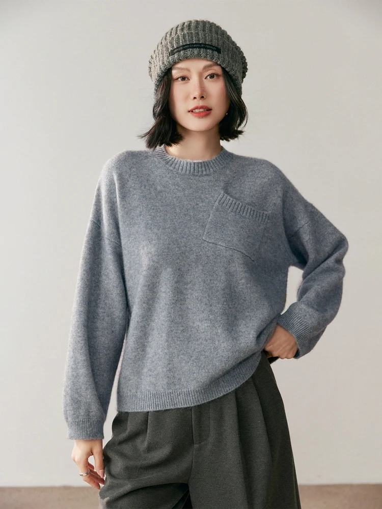 

New Chic Luxury Women's 100% Cashmere Soft Sweater O-Neck Pocket Pullover Thick Knitted Clothing Autumn Winter Casual Warm Tops