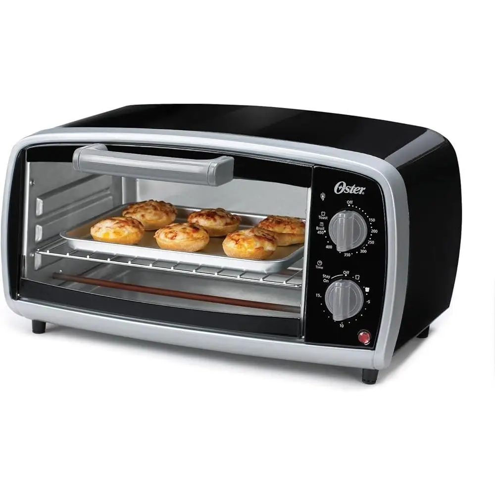 Compact Toaster Oven 4 Slice Dual Dial Controls Toast Bake Broil Temperature Range 150-450F Removable Crumb Tray 30 Min Timer