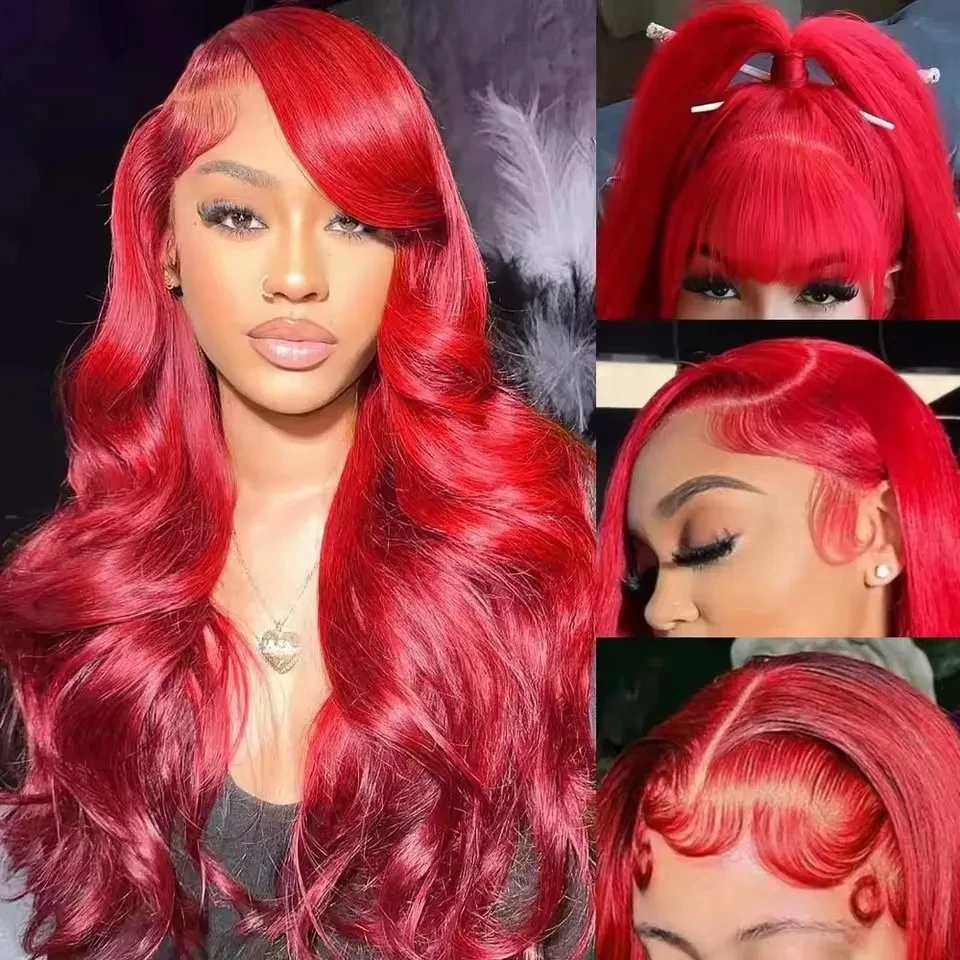 

Red Body Wave 13x4 HD Transparent Lace Frontal Wig for Women 13x6 Burgundy Pre-Plucked Human Hair