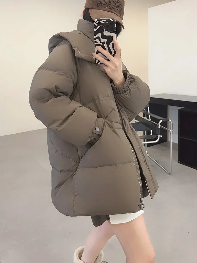 

ENjoyce 2023 Korean Style Women Vintage Warm Standing Collar Hoodie 90 Duck Down Jacket Woman Fluffy Lightweight Coat Streetwear