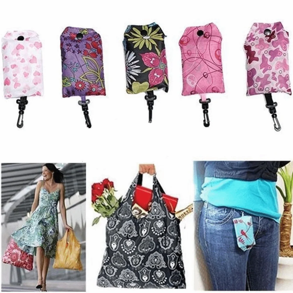 

Creative Printed Shopping Bag with Key Ring Expandable Keychain Tote Bag Foldable Large Capacity Foldable Bag Outdoor Travel