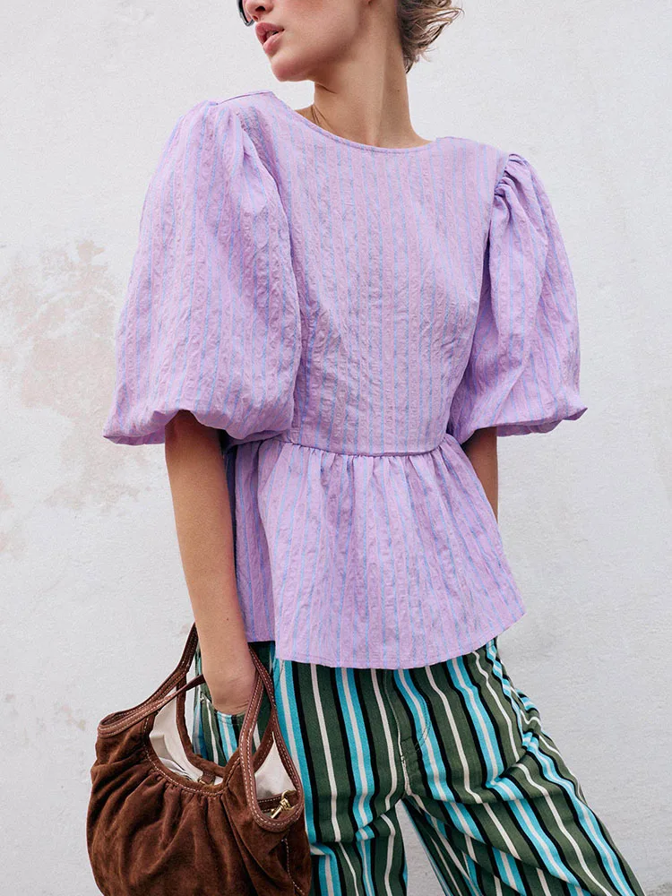 

New 2026 Women's round Neck Bubble Sleeve Shirt Knot Striped Short Sleeve Casual Fashionable Summer Top