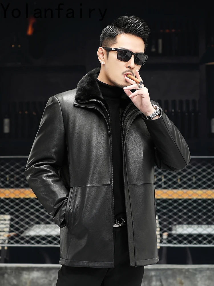 YOLANFAIRY Genuine Sheepskin Leather Jackets Man Winter Luxury Mink Fur Liner Jacket for Men Mid-length Real Fur Coat Abrigos