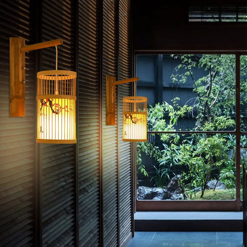 Industrial Farmhouse Bamboo Rattan Wall Sconce with Wood Base E27 Lighting for Kitchen Island Living Room Bedroom Decor