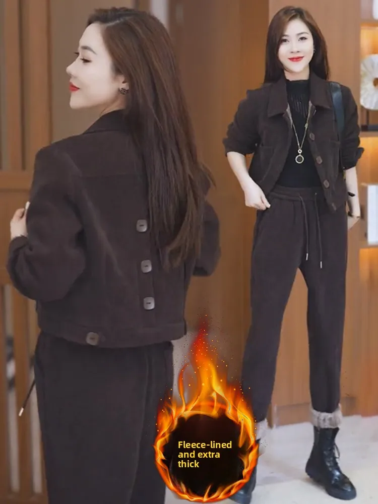 

Thiened Fce Casual Set Women's Winter New Faion Small Size Wide Leg Pants Two Piece Set Sli Versatile Long Sve