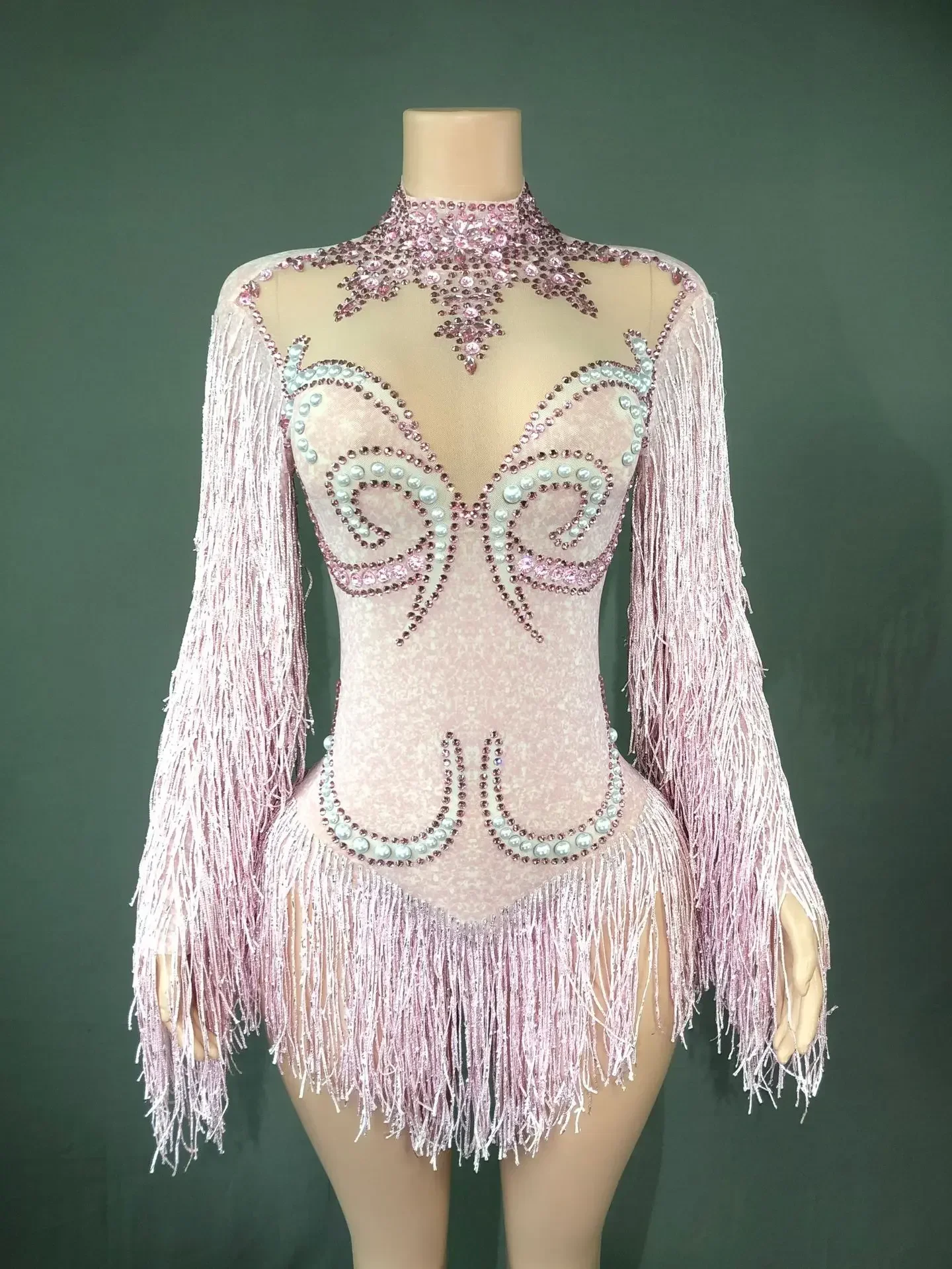 Neues Tanzkostüm für Frauen, Geburtstagsparty-Outfit, Luxuriöser Grauer Fransen-Body mit Silberfarbenen Strasssteinen und Perlen, Transparenter Bodysuit – Detail 7