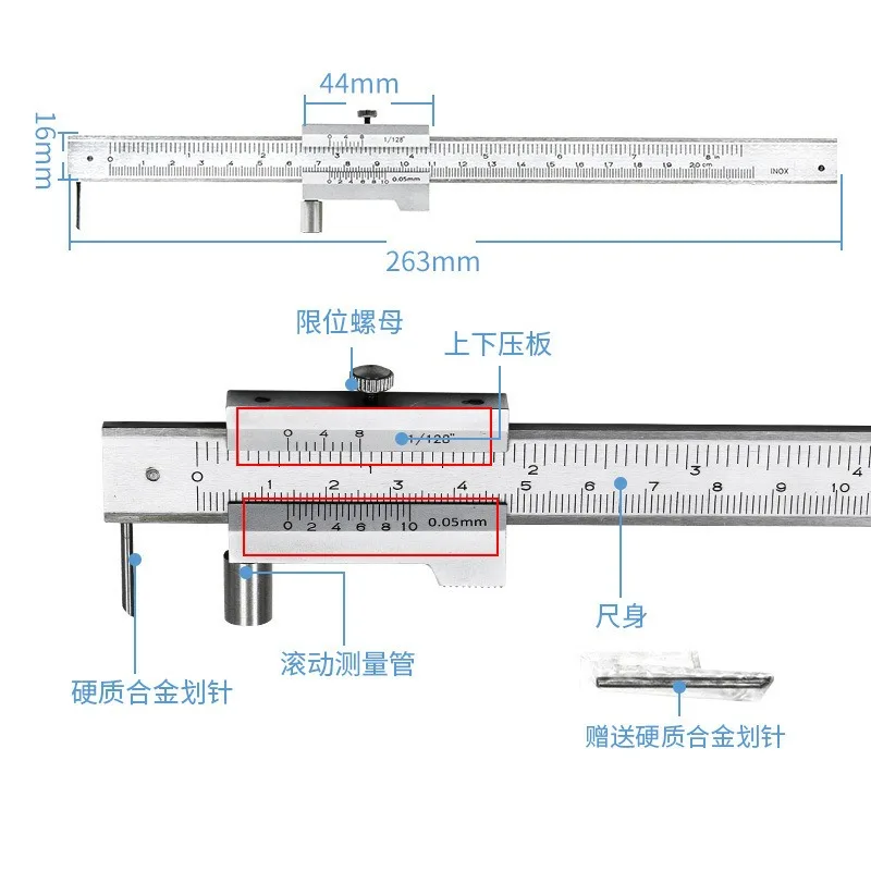 Parallel scribing caliper 0-200mm, stainless steel scribing vernier caliper