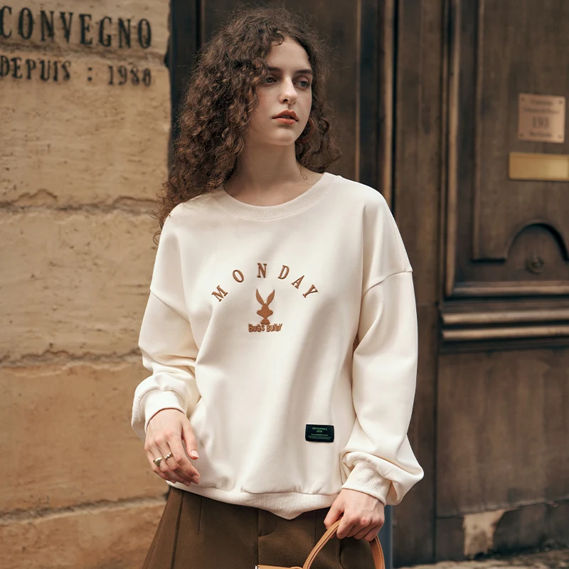 OLrain Women American Style Beige Oversized Hoodies 2026 Fall Winter Lazy Casual Warm Sweatshirt All Match Daily Tops O23DR86022