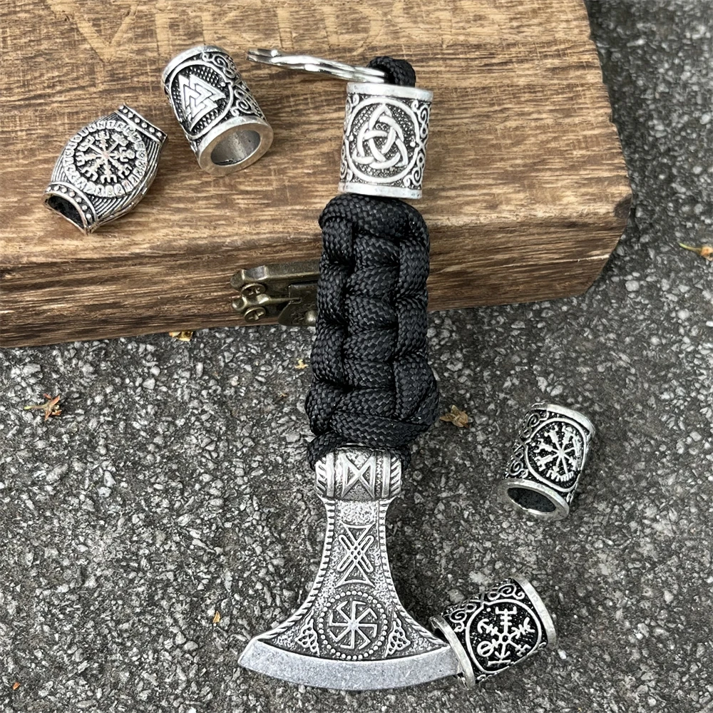 1Pcs Slavic Kolovrat Perun Axe Keychain Viking Rune Dagaz Symbol Beads Handmade Braided Paracord Keyrings