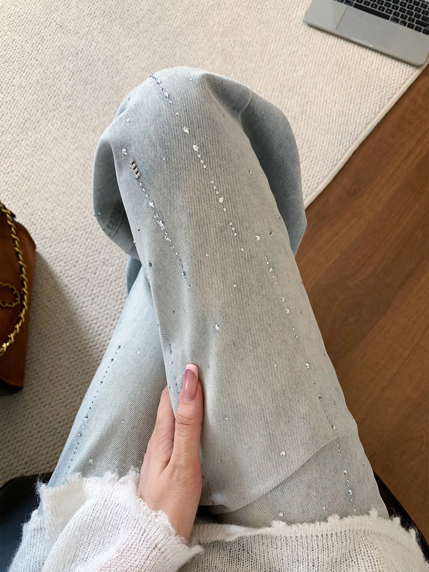 

Light Blue High Waist Loose Straight Leg Heavy Embellished Rhinestone Women's Jeans Spring Summer New Style Slimming Pants