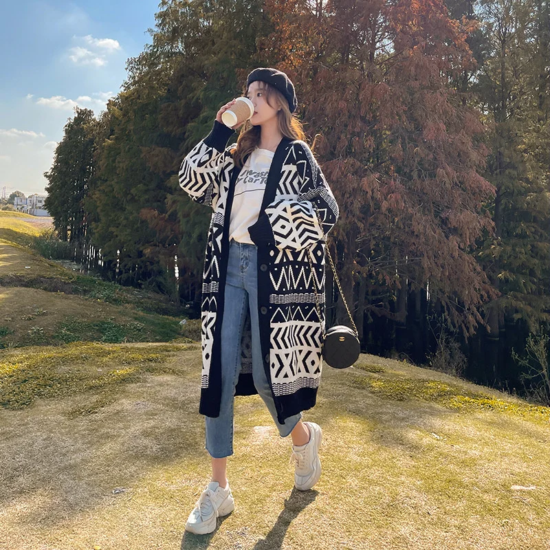 

Mid-Long Cardigans Woman Winter Womens Spring Baggy Spliced Hollowing Versatile Soft Edge Ribbing Buckle Nature Clean Sleeve Y2K