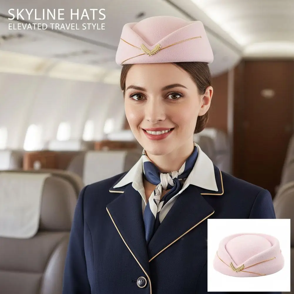 Air Hostess Style Wool Blend Beret Flight Attendant Hat with Gold Wreath Emblem, Costume Daily Wear High-end Beret 1PCS