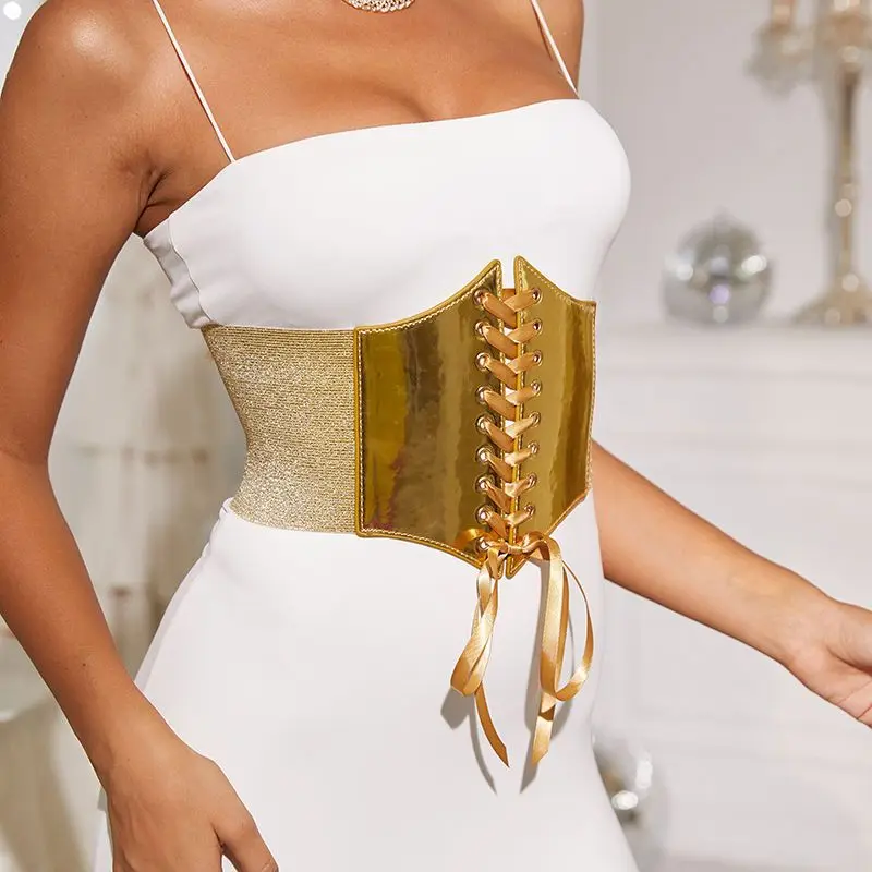 الذهب حزام عريض النمط الغربي الترتر تمتد مشد للخصر لفساتين المرأة براقة وشاح مرن أنيق مشد حزام للنساء #4