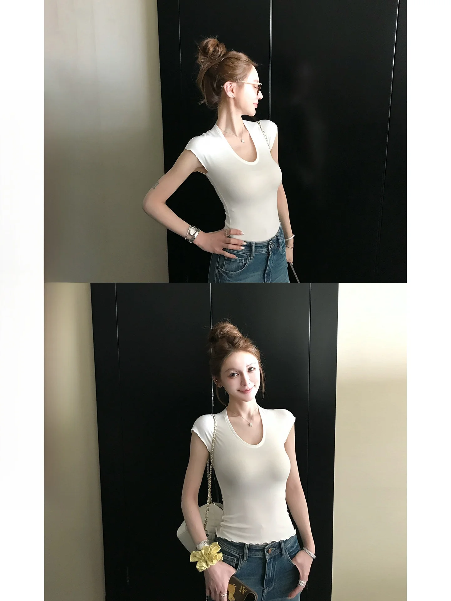 

Ультрамягкая футболка с эффектом облачной нежности, однотонная, с U-образным вырезом, укороченная, с коротким рукавом, женская, повседневная, модная, комфортная посадка