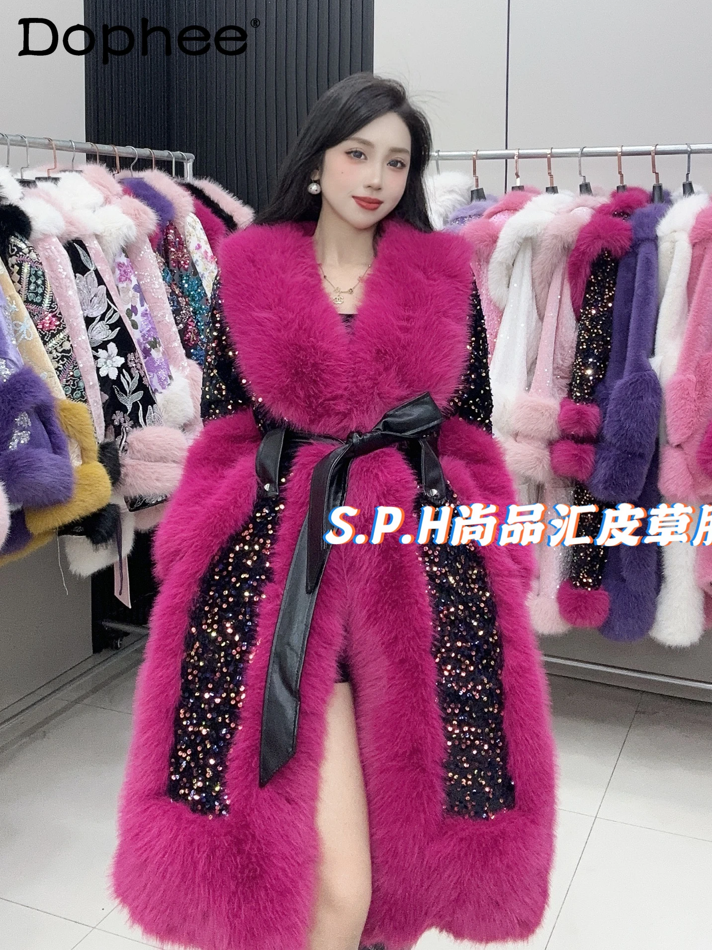 

Heavy Industry Sequined Jacket Women 2024 Winter New Thickened Warm Mid Length V Neck Long Sleeve Faux Fur Coats Elegant Ladies