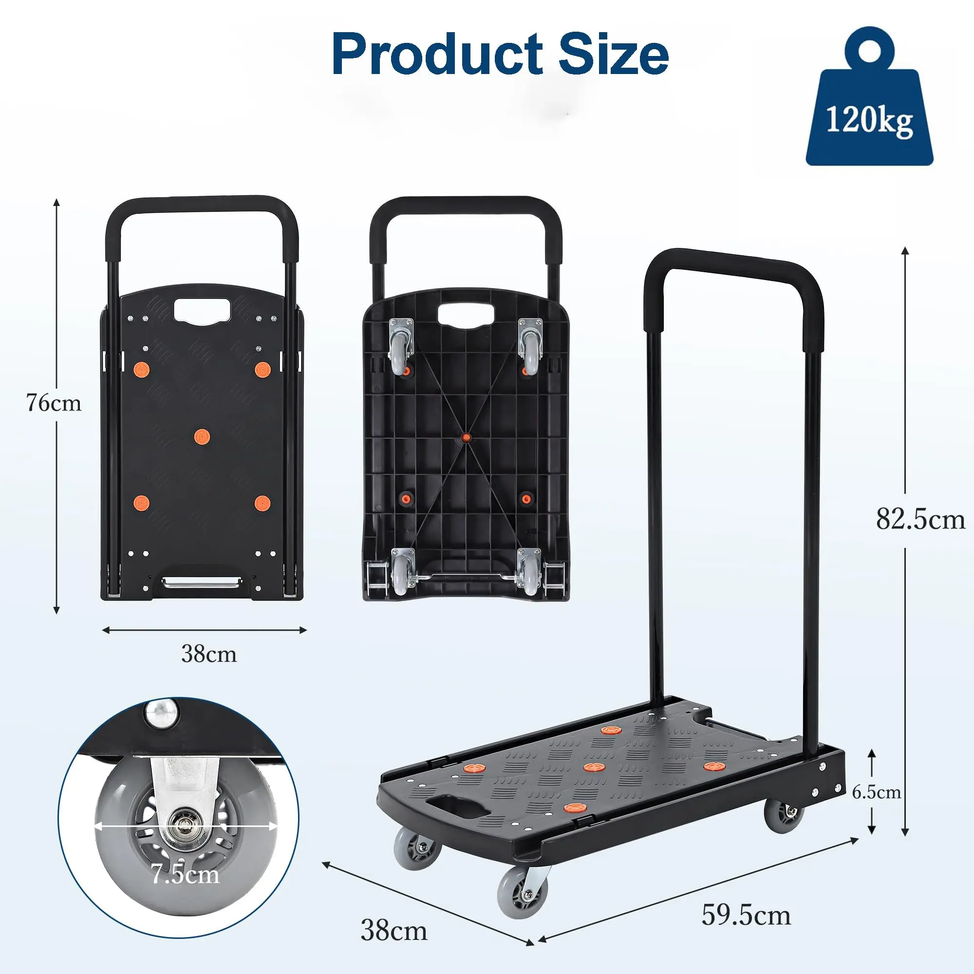 Heavy Duty Collapsible Platform Truck – 120kg Load – 360° Swivel Silent Casters – Non-Slip Deck – Space-Saving Flatbed Utility Cart for Warehouse, Office, Factory, Home, Equipment, Cargo – Black