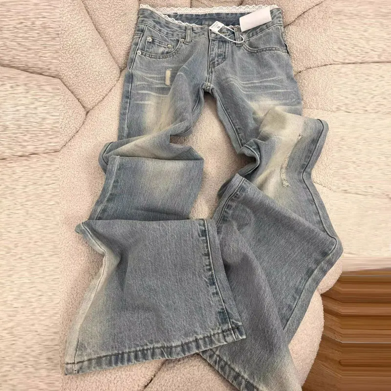 Light Wash Flared Jeans for Women Plus Size Lace Low Rise Floor Length Slim Fit Bell Bottom Pants Trendy Design for Curvy Ladies