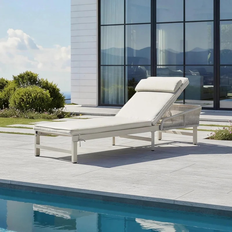 

2026 New：Outdoor Lounge Chaise Chair with 2 Thick Cushion & Pillow, 5-Position Adjustable Patio Chaise Lounge with Whe