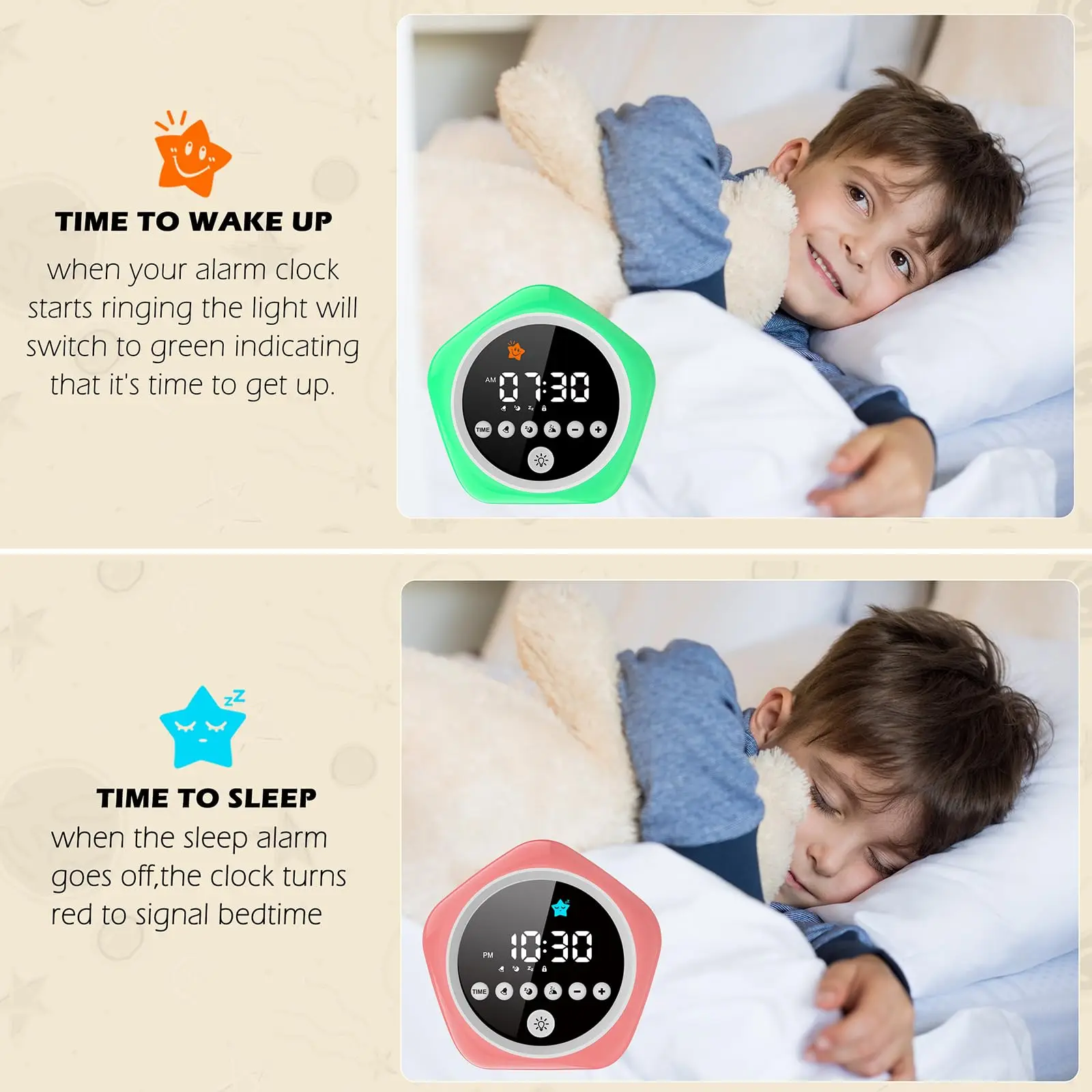 Kids Alarm Clock, Ok to Wake Clock for Kids, Toddler Sleep Training Alarm Clock with Red Green Light, Teaches Time Management &