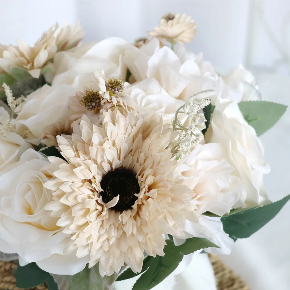 Buquê de flores de seda branca, flores artificiais, para casamento, aniversário, romântico, ramo novia