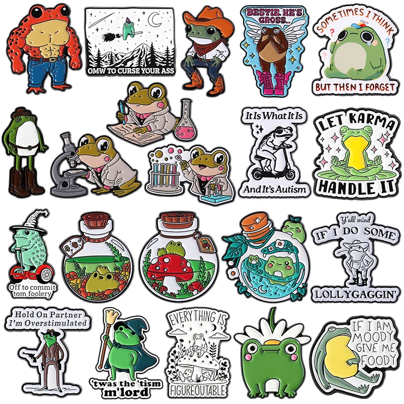 Alfileres esmaltados de rana para amantes de los ranas, botella de bosque, broches de vaquero Wicth, insignias de solapa, regalo de joyería de animales científico divertido para amigos