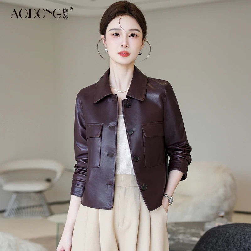 Genuine leather jacket, women's short and high-end sheepskin, middle-aged long sleeved fashionable lapel casual jacket