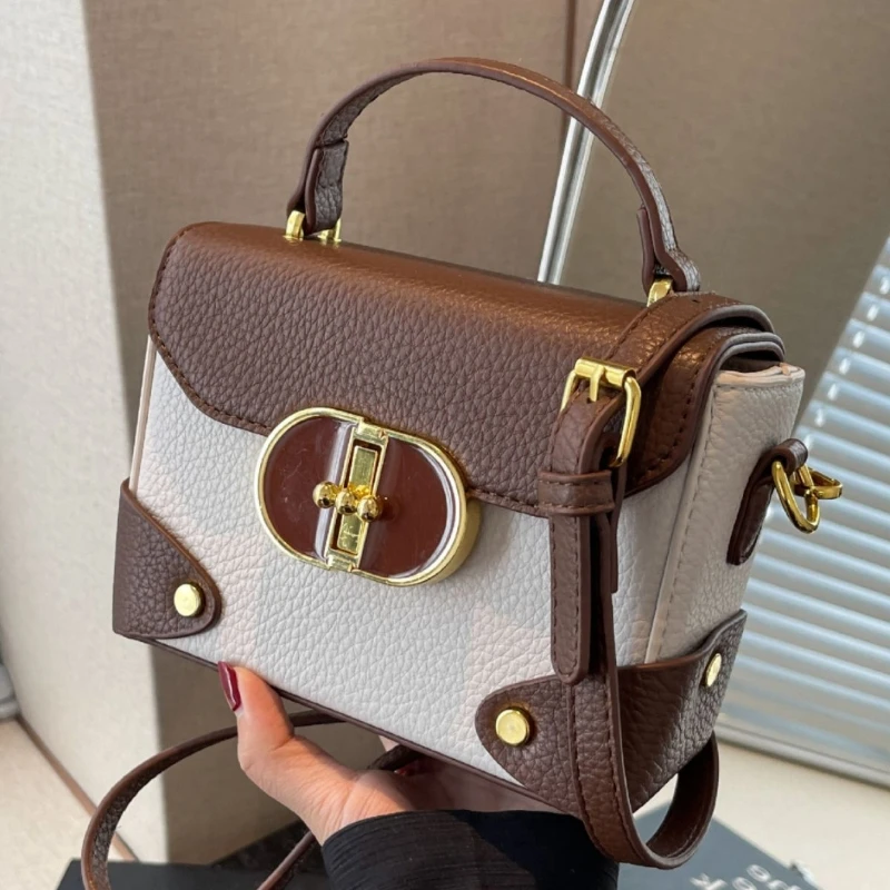 Premium French Stone Pattern Women's Shoulder Bag Fashion Hundred Lock Small Square Bag Retro Sweet Solid Color Girl Crossbody B