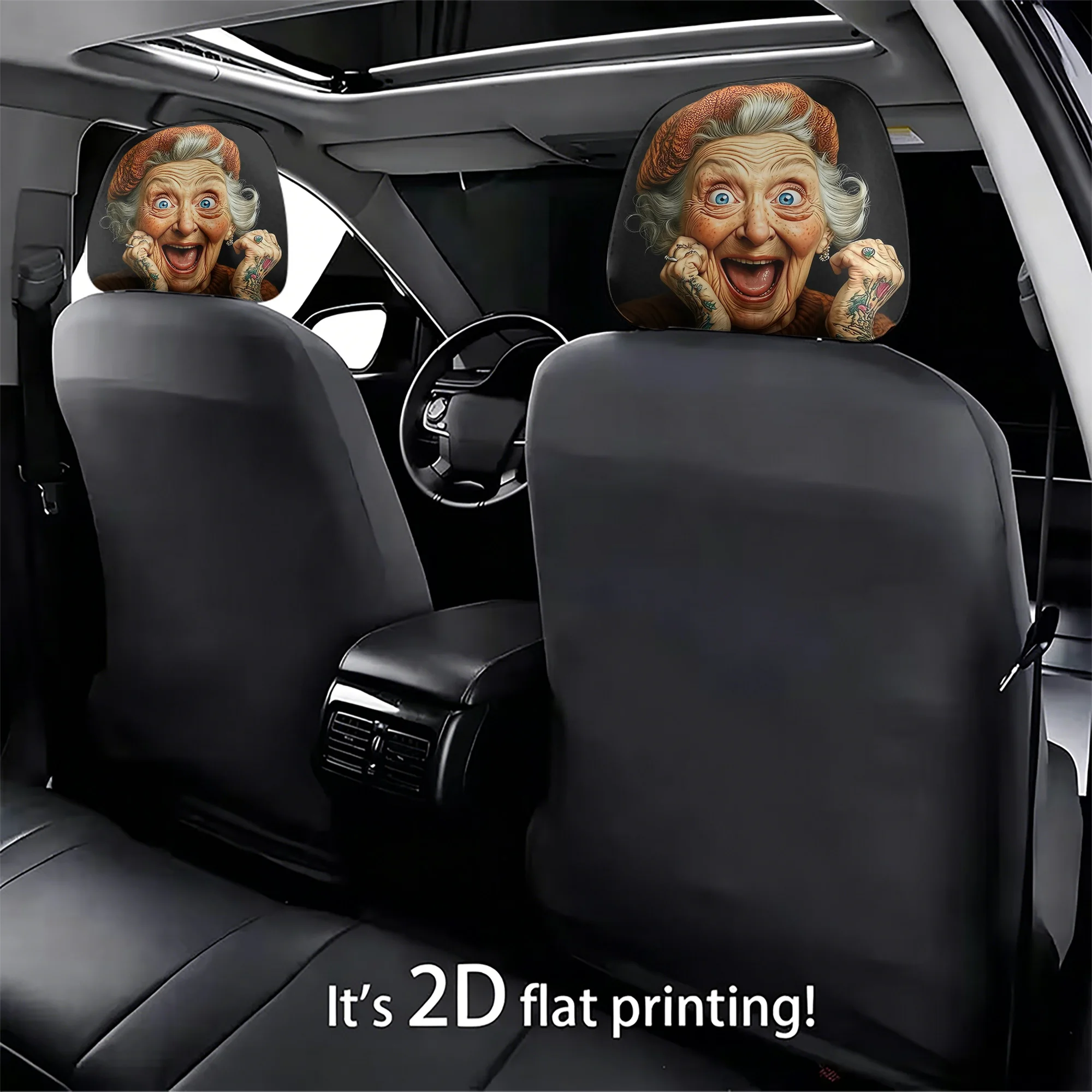 2pcs funny “tattooed granny” car headrest covers to add a quirky and bold style to your car interior. Easy to install.