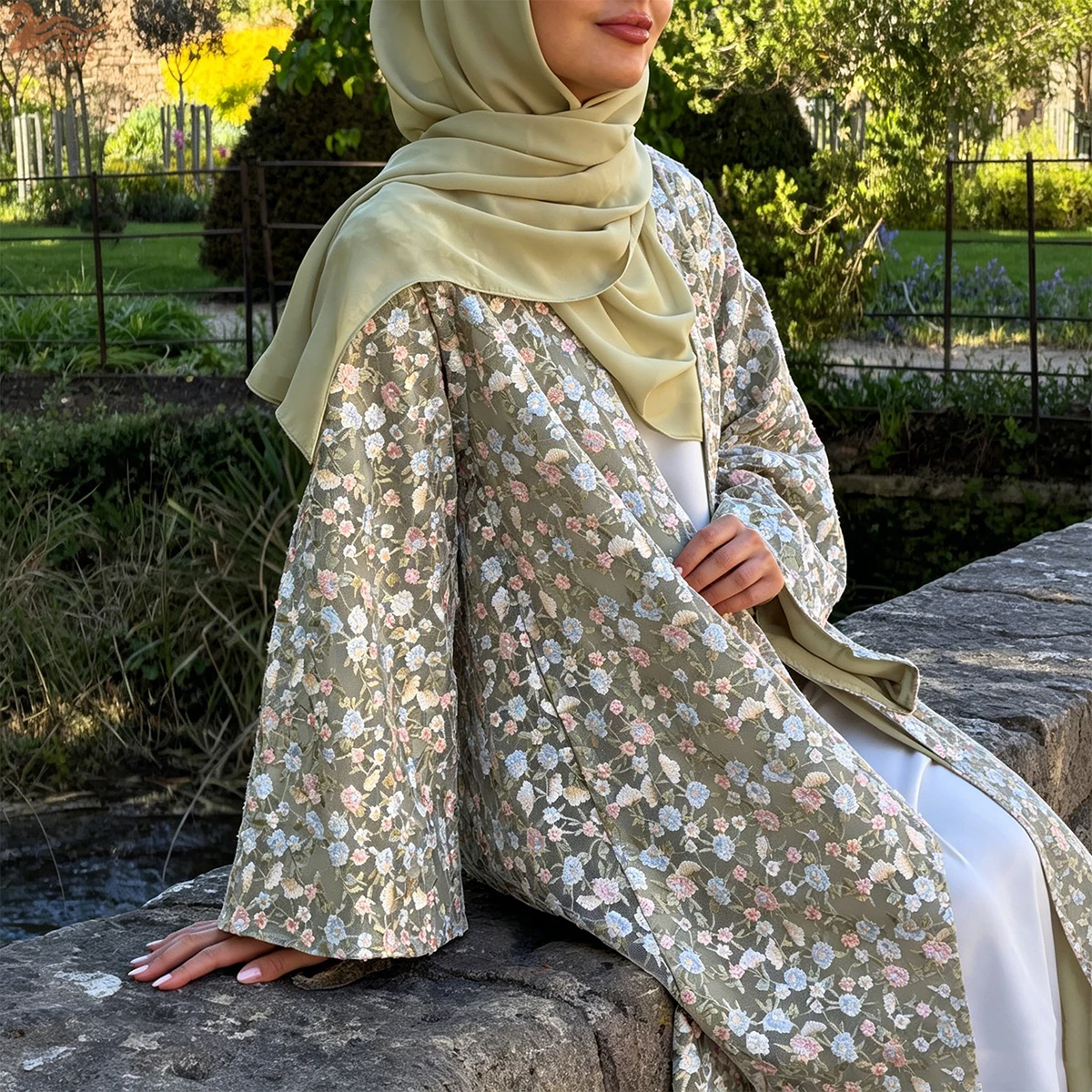 Zahraa Islamic Clothing Elegant Summer Abaya Cardigan Soft Lace Mesh Flowers Meadow Abaya Women Muslim Dress With Chiffon Hijab