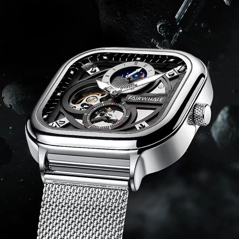 Luxury Men's Automatic Watch with Milanese Strap Square Dial Mechanical Wristwatch with Moon Phase Fashion Boy Reloj