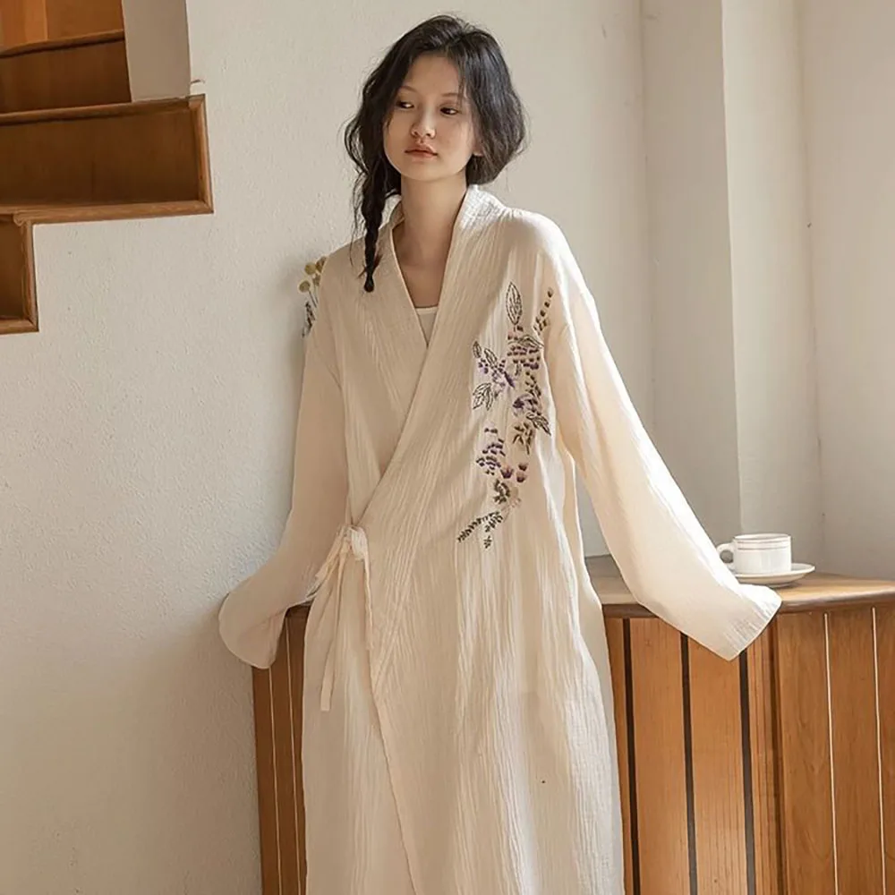 New Long-Sleeved Nightgown Spring Fall Lace-up Pajamas For Women Japanese Printed Kimono V-Neck Bathrobe Comfortable Home Wear