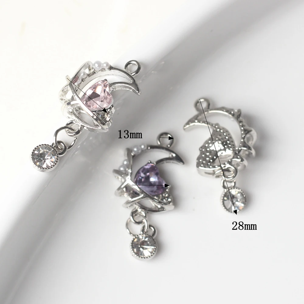 10Pcs/pack Simple Alloy Love Zircon Pearl Inlaid With Moon Pendant For DIY Handmade Necklaces Jewelry Making Accessories