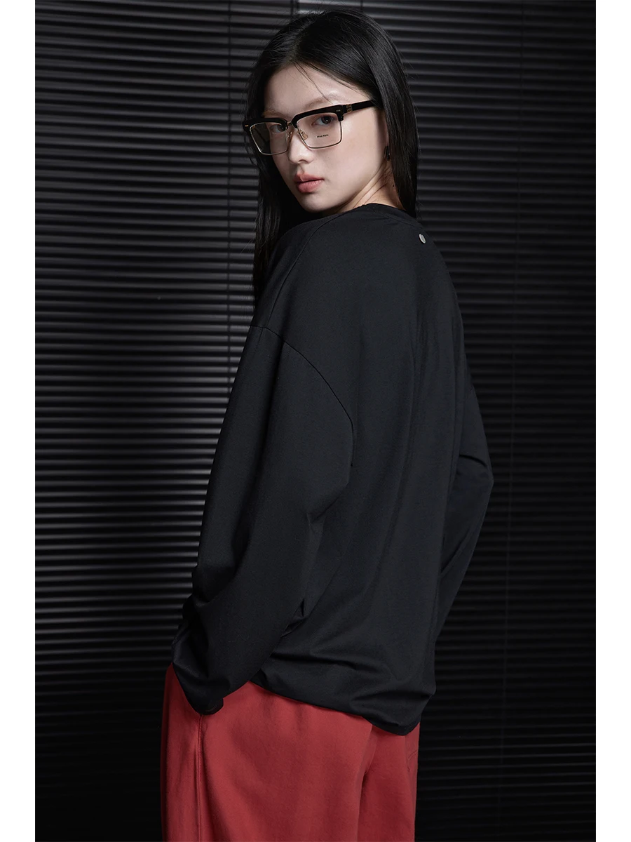 

Bla Long Sve T-irt Women's Loose Fit Retro American Design round Ne Cotton Blend Elastic Fiber Street Sle Autumn N...