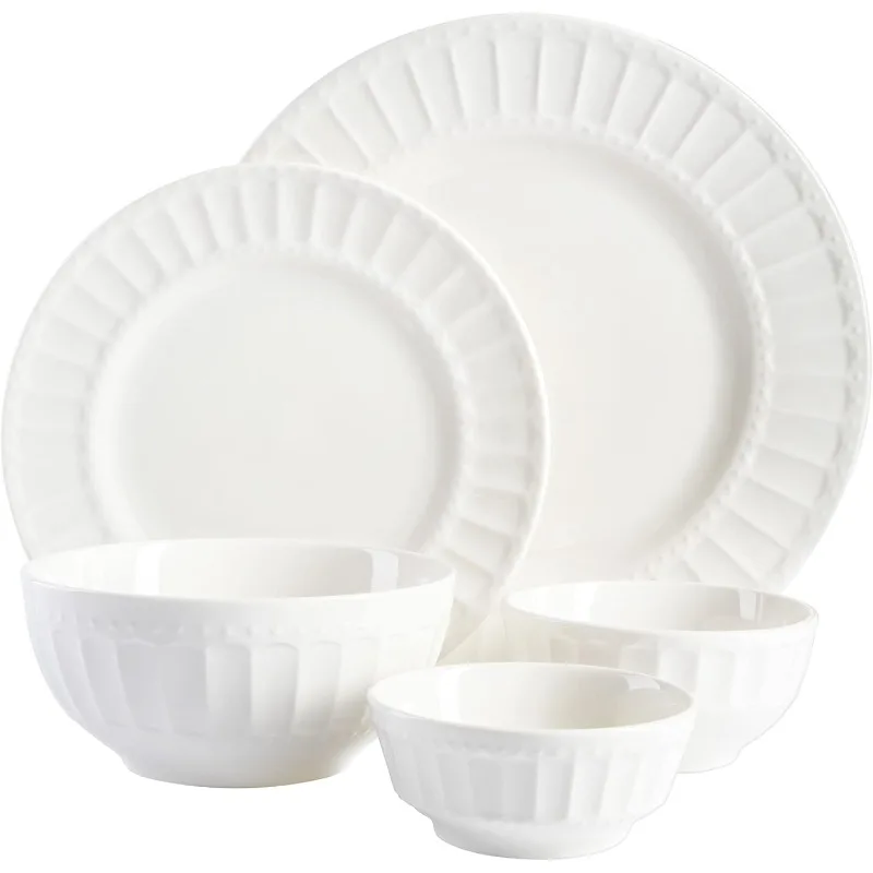 Buffet Porcelain Dinnerware Set, Service for 8 (40pcs), White (Embossed)