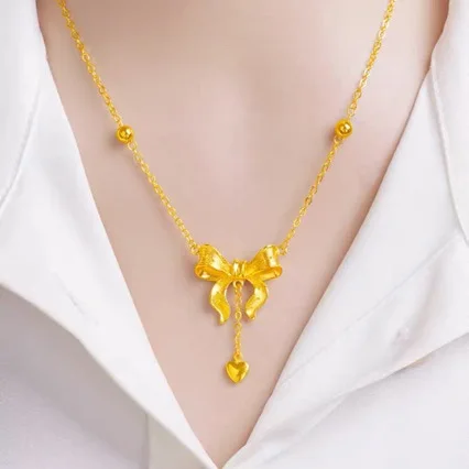 Boutique AU999 gold jewelry fashion new necklace womens bow pendant necklace 24K pure gold clavicle chain