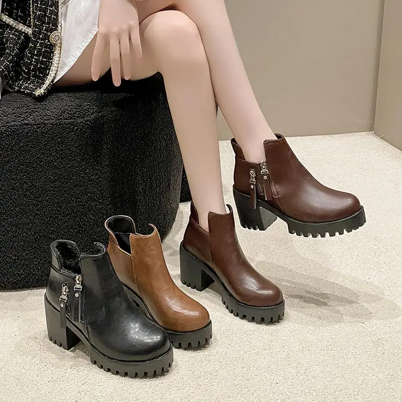 Boots Women New 2024 Chelsea Shoes Zipper Luxury Designer High Heel Rock Ladies Ankle Fashion Autumn Boots Women New 2024 Female