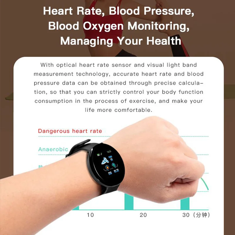 Reloj inteligente D18 para hombre y mujer, pulsera Digital resistente al agua con control de la presión arterial, seguimiento de actividad