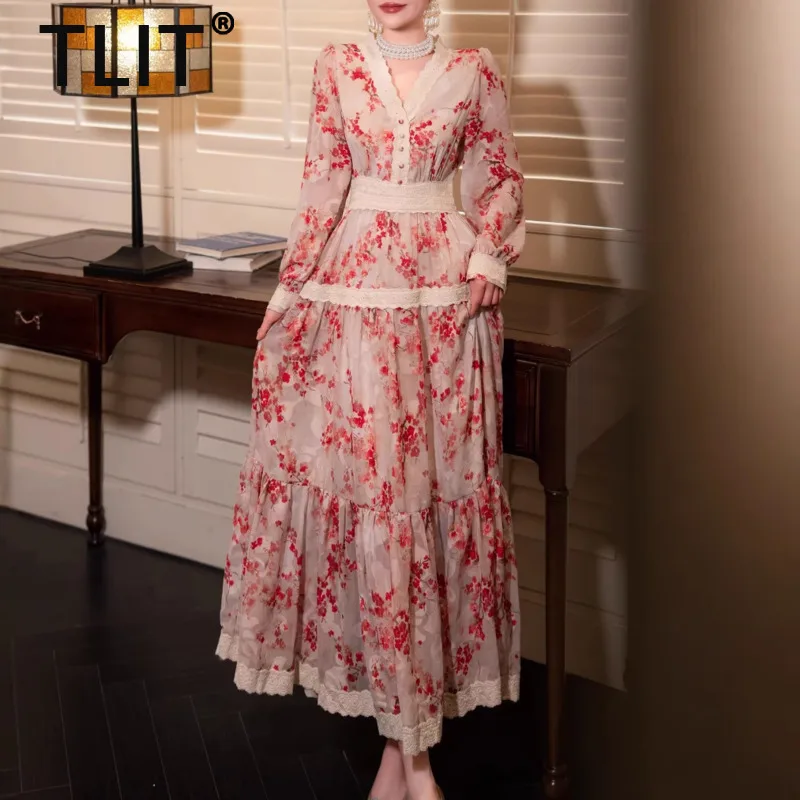 TLIT Элегантные женские платья с принтом и v-образным вырезом, высокой талией, с длинными рукавами, тонкое вечернее платье, женское весеннее платье 202, новинка SK1502