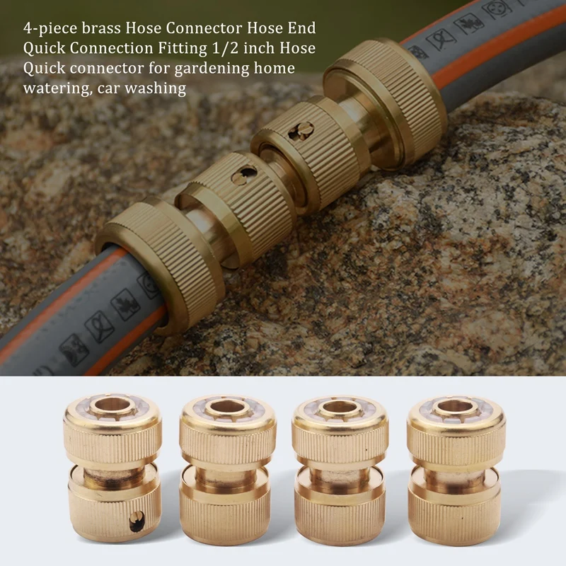 4 Pc Messing Slangconnector Slangaansluiting Einde Snelle Aansluiting 1/2 Inch Slang Pijp Snelkoppeling Voor Tuinieren Thuis Water Geven, Auto Wassen