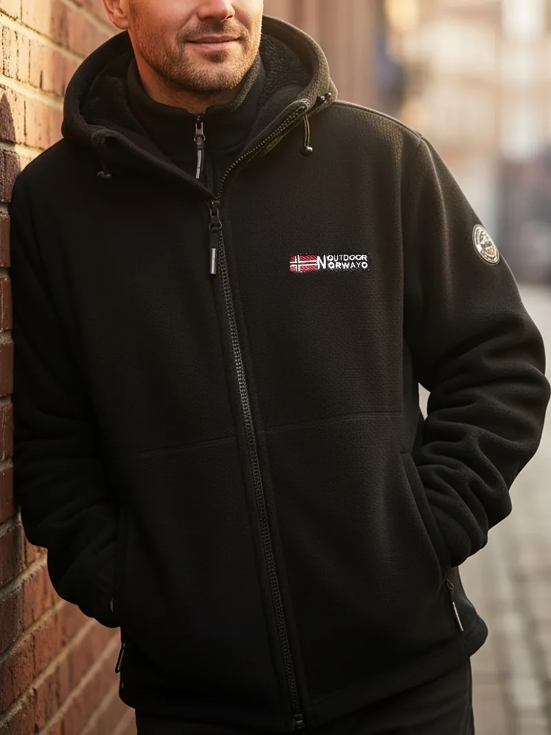 سترة رجالية معطف شتوي معزول حراريًا مع إغلاق بسحاب كامل، ملابس خارجية بغطاء للرأس مقاومة للرياح، قابلة للغسل في الغسالة والطقس البارد