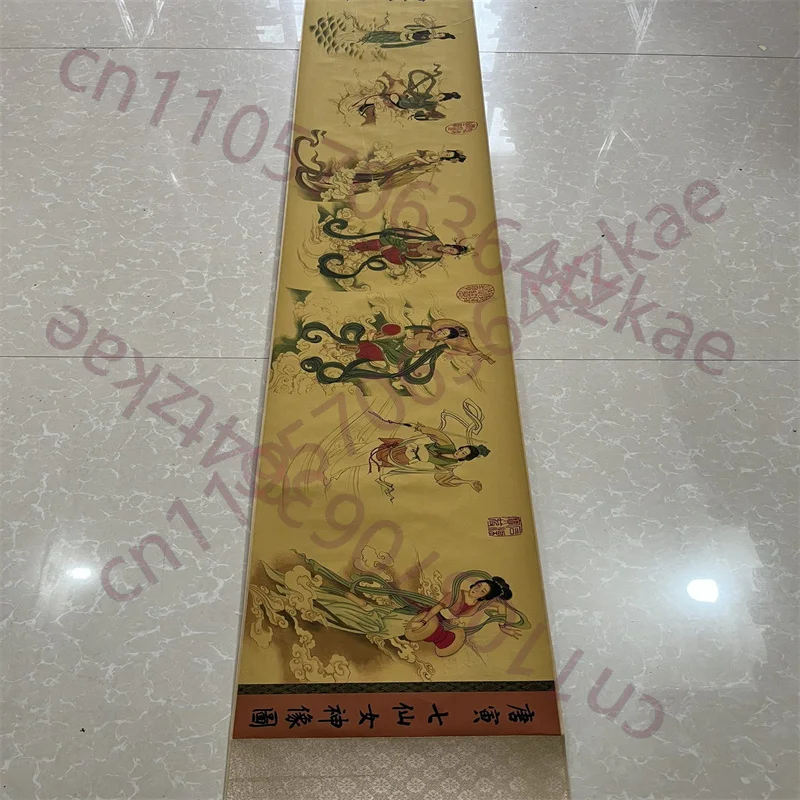 

Китайская древняя рисованная бумага, живопись с изображением персонажей, картина с изображением семи бессмертных фей Тан Иня, длинный свиток-картина