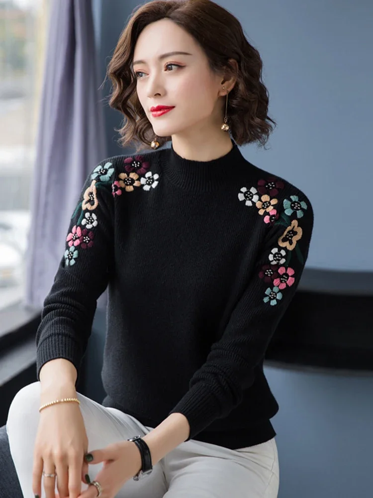 Spring Fall Half Turtleneck Embroidery Knitted Sweater Women Casual Slim Pullover Tops Long Sleeve New Soft Knitwear Jumper